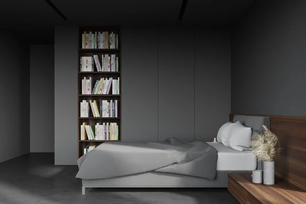 现代斯堪的纳维亚风格卧室侧视图 有灰色和木制墙壁 混凝土地板 灰色王床和书架 3D渲染 — 图库照片