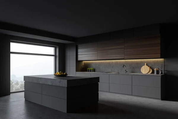 Corner Stylish Kitchen Gray Stone Walls Grey Countertops Dark Wooden — Stock Photo, Image