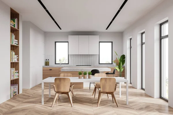 Interior Cozinha Moderna Com Paredes Brancas Azulejos Piso Madeira Bancadas — Fotografia de Stock