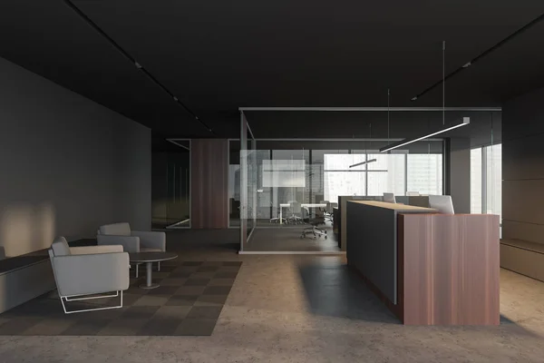 Interior of panoramic office hall with gray and glass walls, comfortable reception desk and meeting room with open space office in background. Blurry cityscape. 3d rendering
