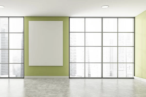 Interior of empty living room with green walls, concrete floor and panoramic window with blurry cityscape. Vertical mock up poster. Concept of advertising. 3d rendering