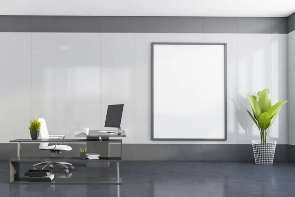 Interior of minimalistic CEO office with white and gray walls, concrete floor and stylish computer table with white chair. Vertical mock up poster frame. 3d rendering