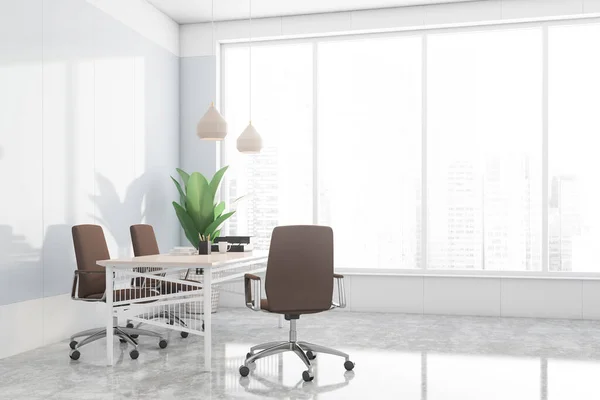 Corner Panoramic Ceo Office White Panel Walls Concrete Floor Stylish — Stock Photo, Image