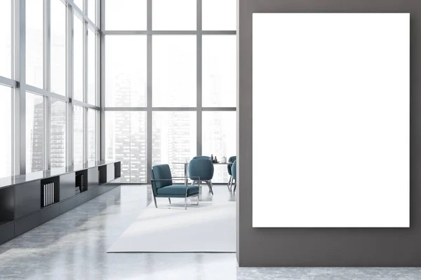 Interieur Van Panoramische Eetkamer Met Grijze Muren Betonnen Vloer Lange — Stockfoto