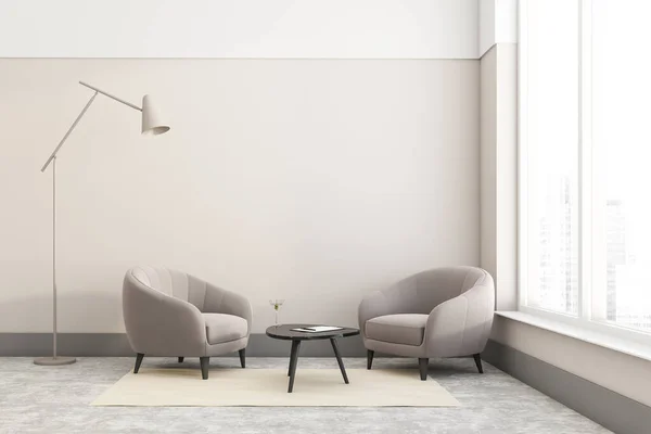 Interior Sala Estar Minimalista Con Paredes Beige Dos Cómodos Sillones — Foto de Stock