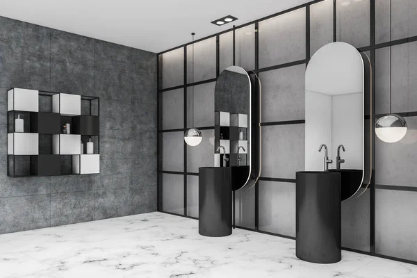 Roh Luxusní Koupelny Šedými Dlaždicovými Stěnami Bílou Mramorovou Podlahou Pohodlným — Stock fotografie