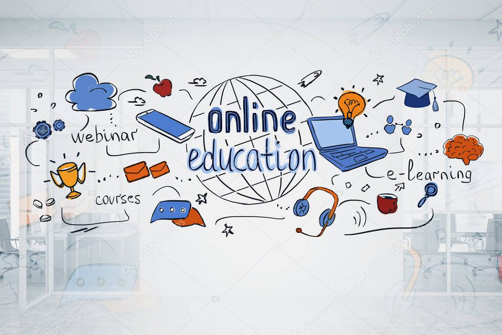 Creative and colorful online education sketch drawn over blurry office background. Concept of e learning and modern technologies. 3d rendering toned image double exposure