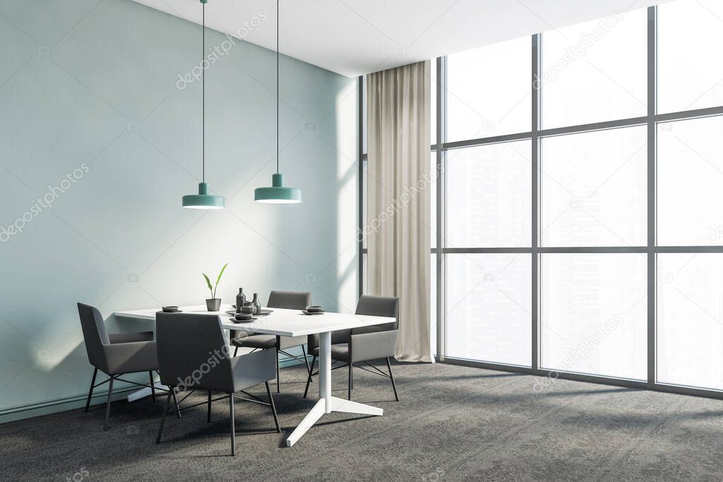 Corner of stylish panoramic dining room with blue walls, carpeted floor, white table with gray armchairs and window with blurry cityscape. 3d rendering
