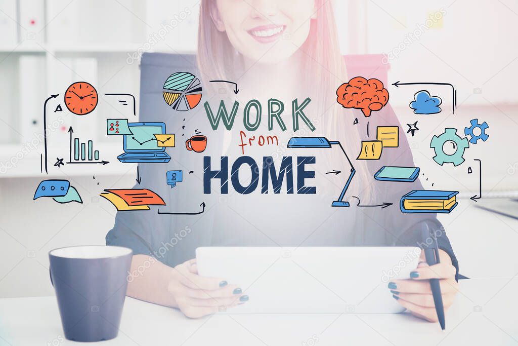 Cheerful young businesswoman using table in blurry home office with double exposure of colorful work from home sketch. Concept of distant work and technology. Toned image