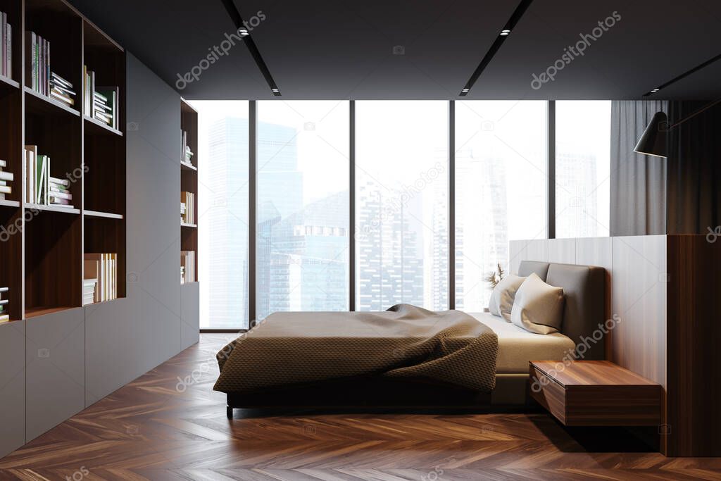 Side view of modern panoramic master bedroom with gray walls, wooden floor, comfortable king size bed, bookcase and window with blurry cityscape. 3d rendering