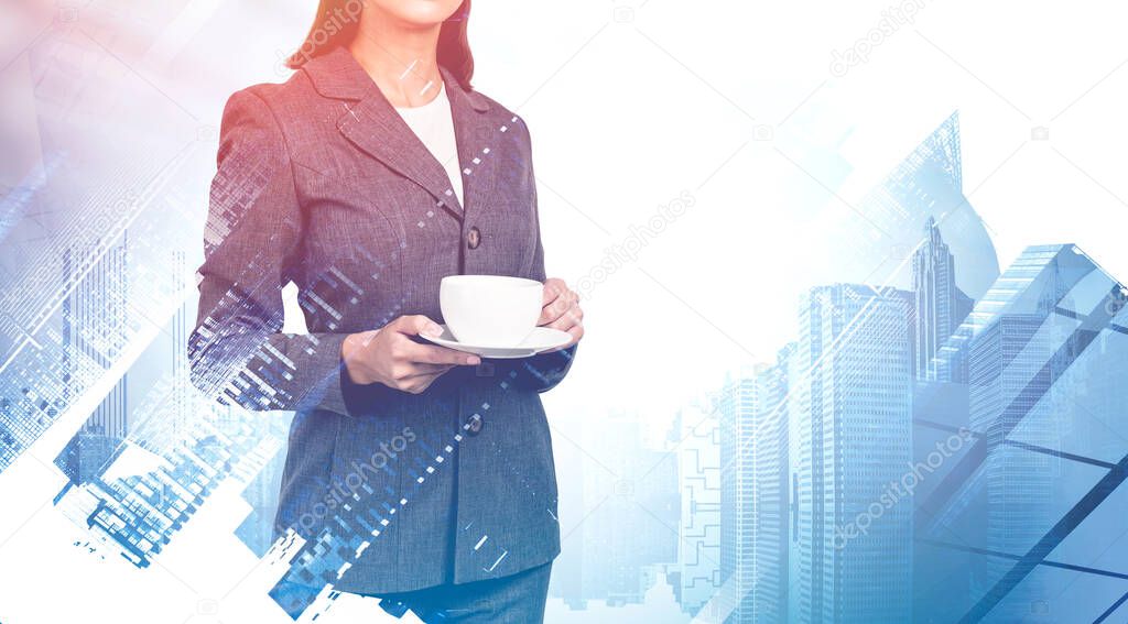 Unrecognizable young businesswoman holding cup and saucer in blurry modern city. Concept of leadership and coffee break. Toned image double exposure