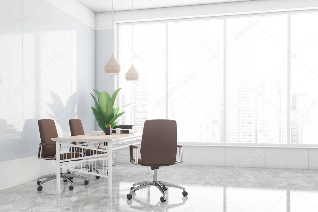 Corner of panoramic CEO office with white panel walls, concrete floor, stylish table with brown chairs and window with blurry cityscape. 3d rendering