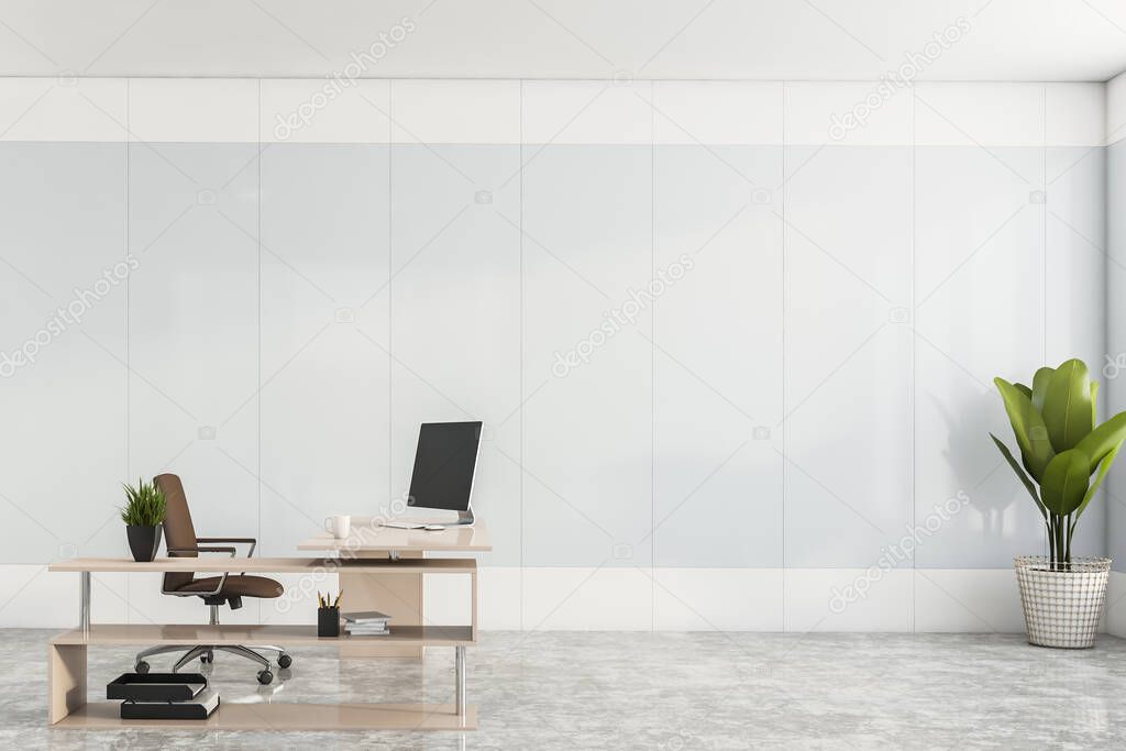 Interior of minimalistic CEO office with white panel walls, concrete floor and stylish computer table with brown chair. Concept of leadership. 3d rendering