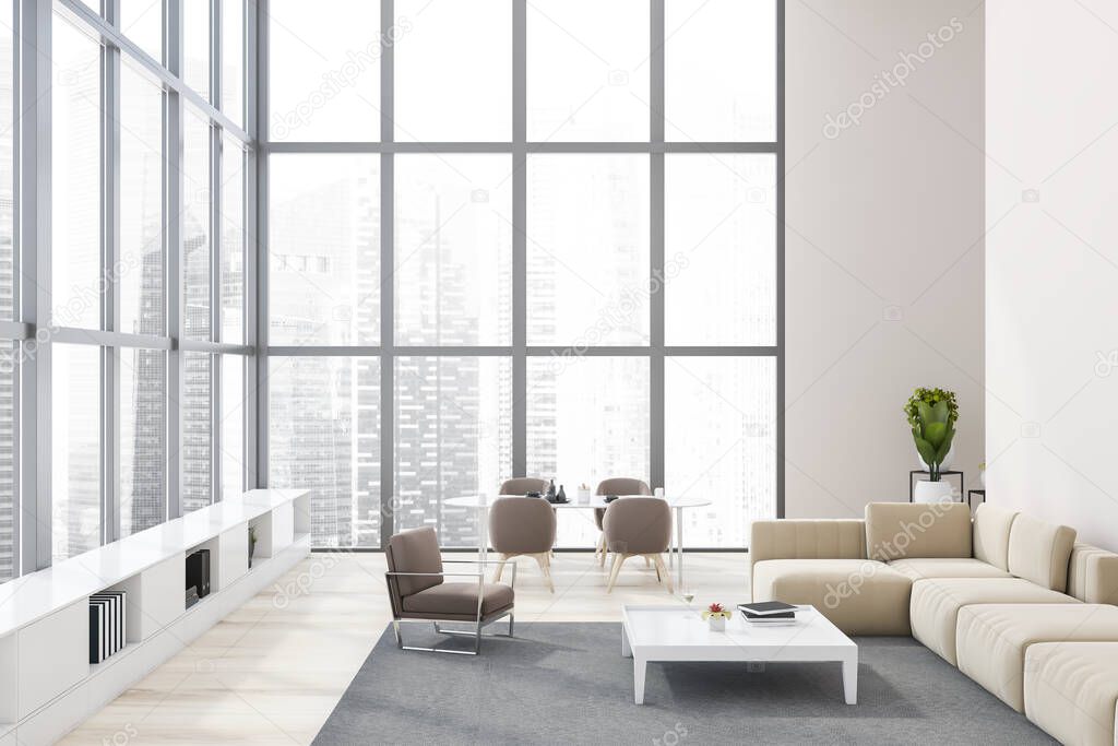 Interior of panoramic living room with white walls, wooden floor, comfortable beige sofa and brown armchair near coffee table. Dining room with oval table in background. Blurry cityscape. 3d rendering