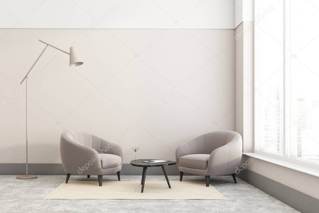 Interior of minimalistic living room with beige walls, two comfortable beige armchairs standing near coffee table and stylish floor lamp. Panoramic window with blurry cityscape. 3d rendering