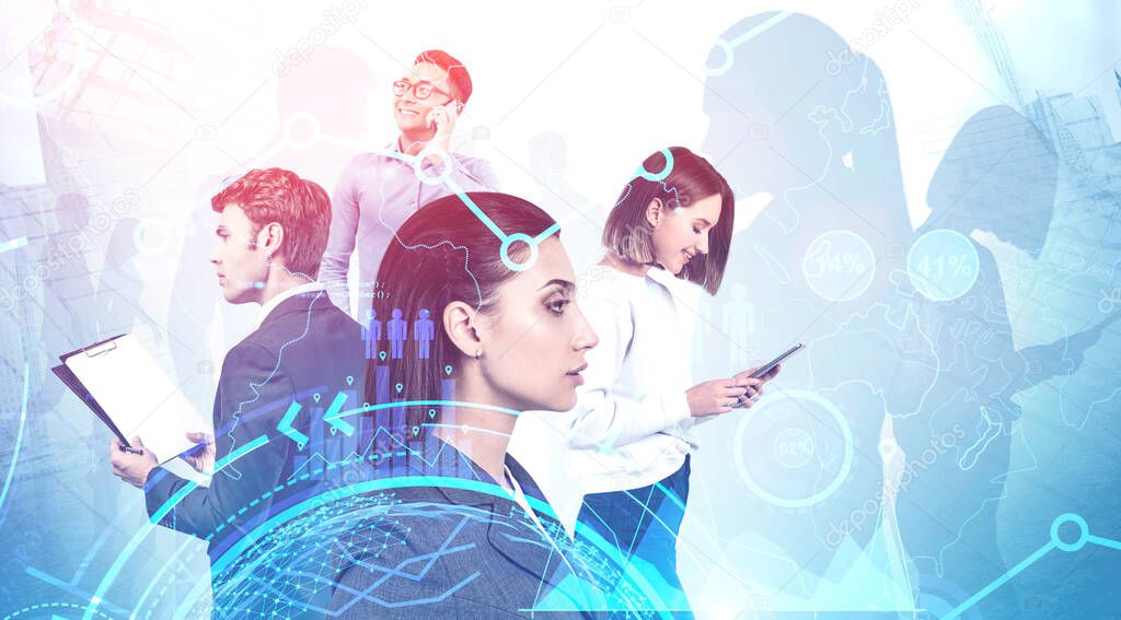 Portraits of diverse business people working in blurry abstract city with double exposure of HUD interface. Concept of hi tech. Toned image. Elements of this image furnished by NASA