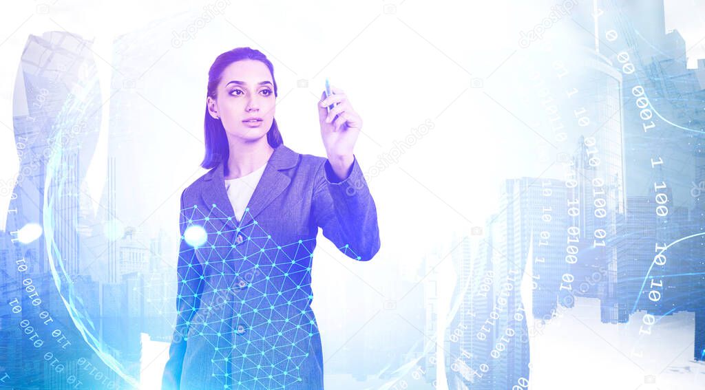 Beautiful young European businesswoman using immersive network interface in blurry abstract city. Concept of internet connection and technology. Toned image double exposure