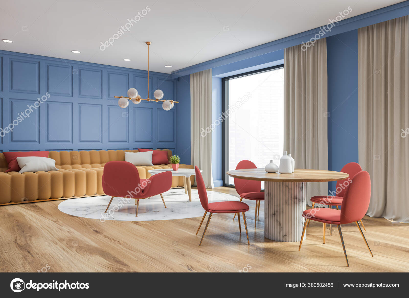 Corner Stylish Dining Room Blue Walls Wooden Floor Table Red