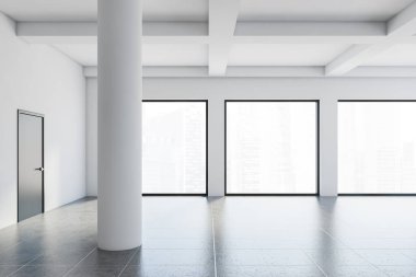 Beyaz duvarlı boş ofis, fayanslı zemin, bulanık şehir manzaralı büyük pencereler ve kapalı siyah kapı. 3d oluşturma