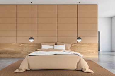 Bej ve beyaz fayanslı, fayanslı döşemeli, arka planda rahat kral yatak ve kapısı olan şık bir yatak odası. 3d oluşturma