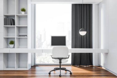 Beyaz duvarları, koyu ahşap zemini, rahat beyaz kitaplığı ve bulanık şehir manzaralı pencerenin yanında duran bilgisayar masası olan şık, minimalist ev ofisinin içi. 3d oluşturma
