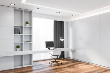 Beyaz duvarları, koyu ahşap zemini, rahat beyaz kitaplığı ve bulanık şehir manzaralı pencerenin yanında duran bilgisayar masası olan şık, minimalist ev ofisinin köşesi. 3d oluşturma