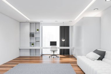 Beyaz duvarları, koyu ahşap zemini, rahat kitaplığı ve bulanık şehir manzaralı pencerenin yanında duran bilgisayar masası olan minimalist ev ofisinin içi. Yastıklı rahat bir kanepe. 3d oluşturma