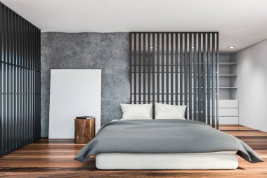 Gri ve beyaz duvarları olan şık bir çatı katı, koyu ahşap zemin, rahat kral yatağı, yuvarlak masa ve arka planda raflar. Dikey maket posteri. 3d oluşturma