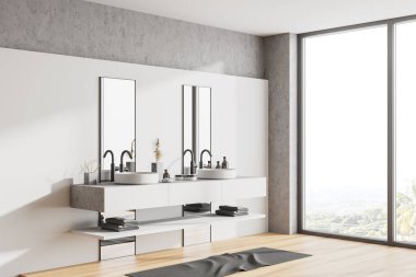 Beyaz ve taş duvarlı panoramik banyonun köşesi, ahşap zemin, beyaz tezgahlarda ve bulanık tropikal manzaralı pencerelerde duran rahat çift lavabo. 3d oluşturma