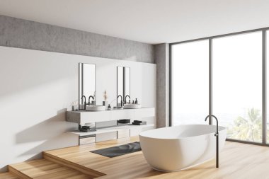 Beyaz ve taş duvarlı panoramik banyonun köşesi, ahşap zemin, rahat banyo küveti, beyaz tezgahlarda ve camlarda bulanık tropik manzaralı çift lavabo. 3d oluşturma