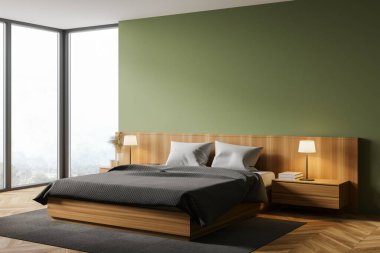 Modern ana yatak odasının köşesinde yeşil duvarlar, ahşap zemin, rahat kral yatağı ve bulanık dağ manzaralı pencere. 3d oluşturma