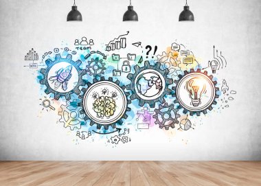 Renkli iş stratejisi ve beton duvar odasında çizilmiş vites çizimi. Takım çalışması, yönetim ve planlama kavramı. 3d oluşturma