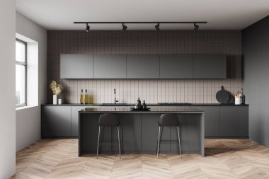 Beyaz ve bej fayanslı duvarları, ahşap zemini, gri tezgahları ve tabureli barları olan modern mutfağın içi. 3d oluşturma