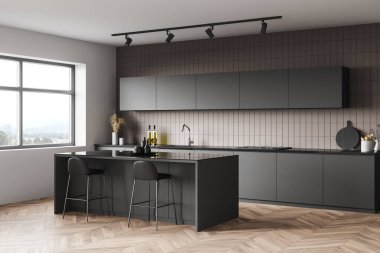 Modern mutfağın köşesinde beyaz ve bej fayanslı duvarlar, ahşap zemin, gri tezgah, dolaplar ve tabureli bar. 3d oluşturma