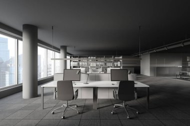 Gri duvarları, halı döşemeleri, beyaz bilgisayar masaları ve toplantı odası ve uzun konferans masası olan şık bir açık uzay ofisi. 3d oluşturma