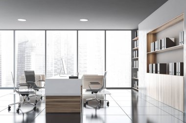 Gri duvarları, fayanslı zemini, ziyaretçiler için sandalyeli ahşap bilgisayar masası ve klasörlü kitaplıkları olan modern CEO ofisinin yan görüntüsü. Bulanık şehir manzaralı bir pencere. 3d oluşturma
