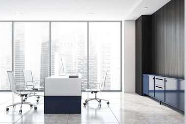 Minimalist CEO ofisinin yan tarafında beyaz ve ahşap duvarlar, fayanslı zemin ve orijinal mavi bilgisayar masası. Yönetim kavramı. Bulanık şehir manzaralı bir pencere. 3d oluşturma