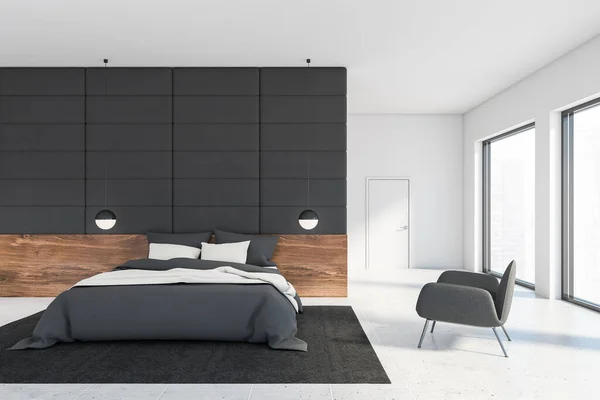 Interieur Van Moderne Master Bedroom Met Grijze Tegel Witte Muren — Stockfoto