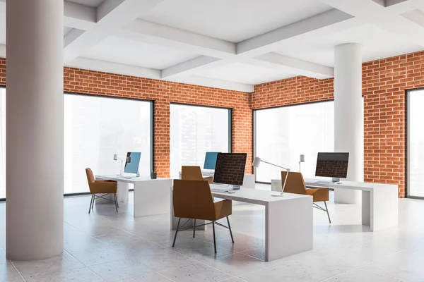 Corner Loft Open Space Office Brick Walls Tiled Floor White — Stock Photo, Image
