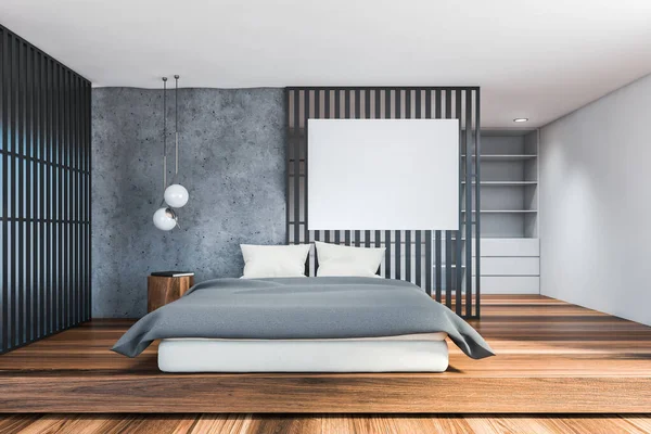 グレーと白の壁 暗い木製の床 快適なキングサイズベッド ラウンドベッドサイドテーブルと背景の棚とスタイリッシュなロフトベッドルームのインテリア 水平モックアップポスター 3Dレンダリング — ストック写真