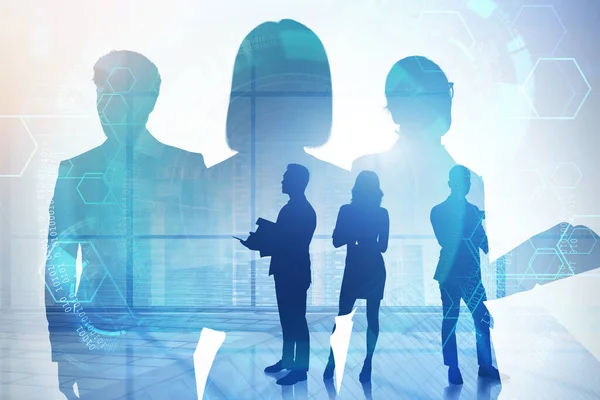 Silhouettes Business People Panoramic Office Double Exposure Blurry Cityscape Immersive — Stock Photo, Image