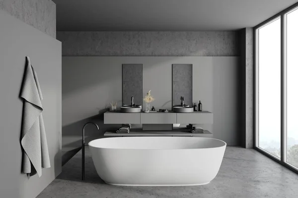 全景浴室的内部设有灰色和石墙 石板地面 舒适的浴缸 双水池站立在灰色台面和窗户与模糊的山景 3D渲染 — 图库照片