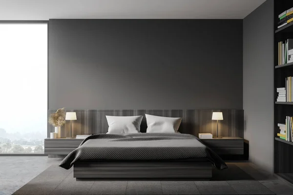 Interior Stylish Master Bedroom Gray Walls Concrete Floor Comfortable King — Stock Photo, Image