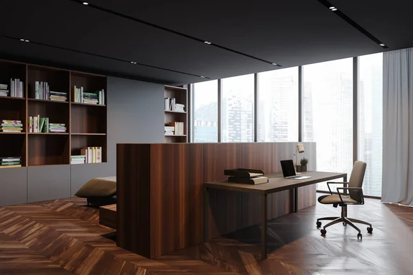带有灰色墙壁 木制地板 全景窗和模糊的城市景观的时尚的家庭办公室的内部 灰色的电脑桌和书柜 背景上的卧室 3D渲染 — 图库照片
