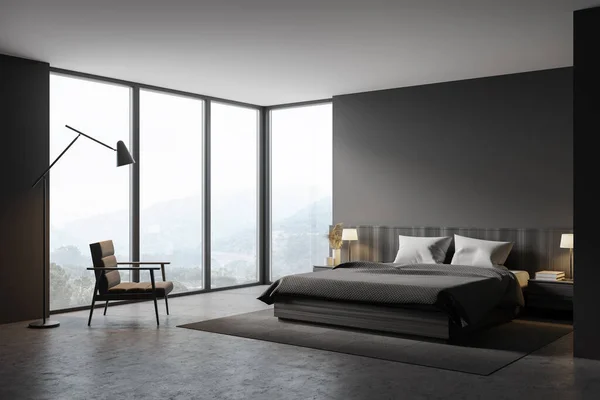 Corner Stylish Master Bedroom Gray Walls Concrete Floor Comfortable King — Stock Photo, Image