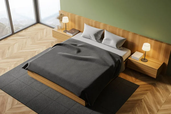 Blick Von Oben Auf Modernes Hauptschlafzimmer Mit Grünen Wänden Holzboden — Stockfoto
