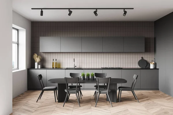 Interior Cocina Moderna Con Paredes Azulejos Blancos Beige Suelo Madera — Foto de Stock