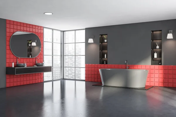 Γωνιακό Κομψό Μπάνιο Γκρι Και Κόκκινους Τοίχους Πλακιδίων Άνετο Διπλό — Φωτογραφία Αρχείου