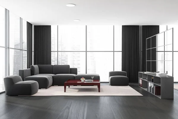 白と黒の壁 暗い木製の床 快適なソファと赤いコーヒーテーブルの近くに立ってアームチェアとパノラマのリビングルームのインテリア ブリリーな街並み 3Dレンダリング — ストック写真