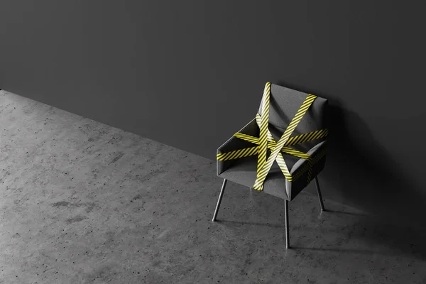 Top view of comfortable grey chair covered with yellow barrier tape standing in public place with gray walls. Concept of social distancing and covid 19 lockdown easing. 3d rendering